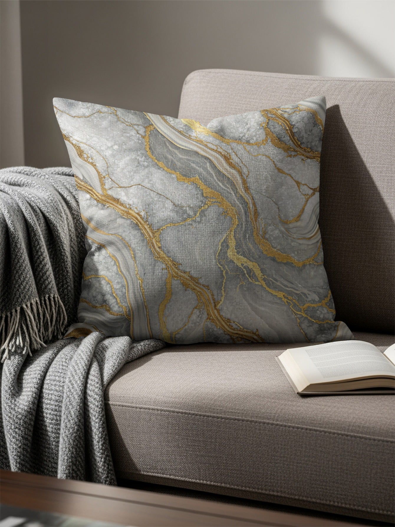 Marble Patterned Decorative Pillow with Gold Accents