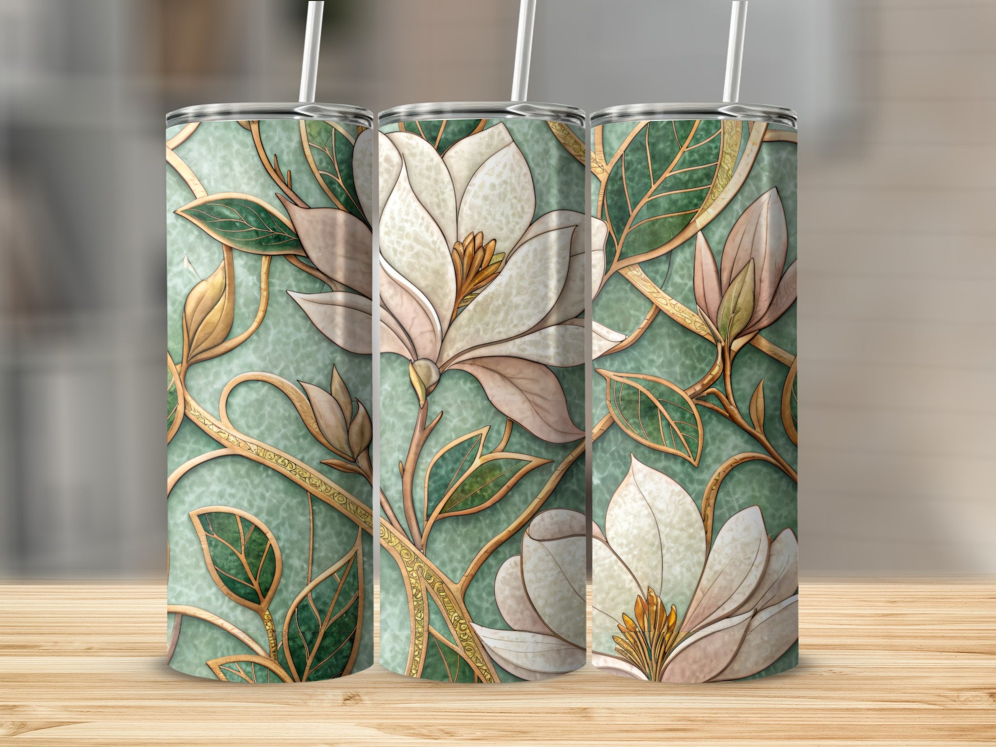 Floral Bloom Magnolia on Mint Green Background 20 oz Skinny Tumbler - Walk Greener