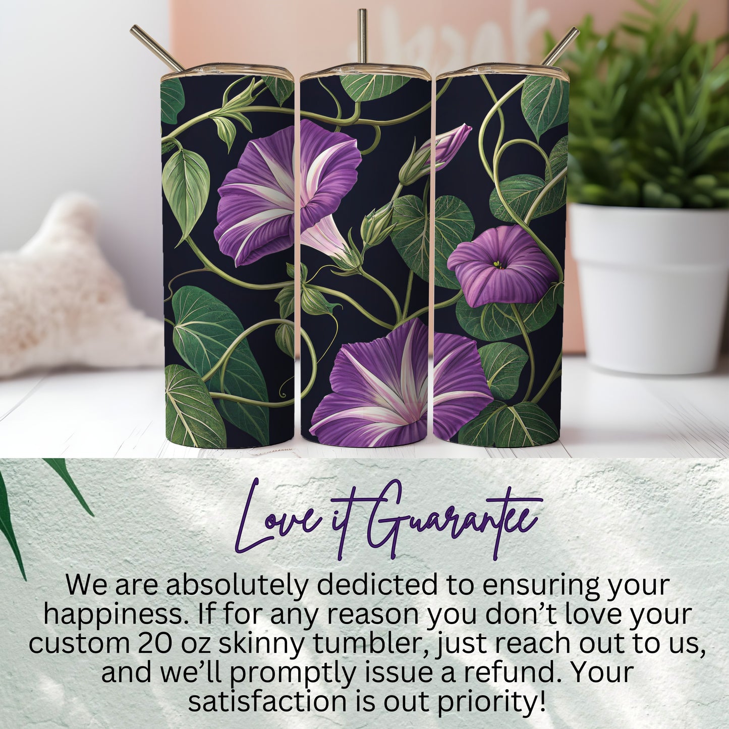 Custom 20 oz Skinny Tumbler with Purple Floral Design