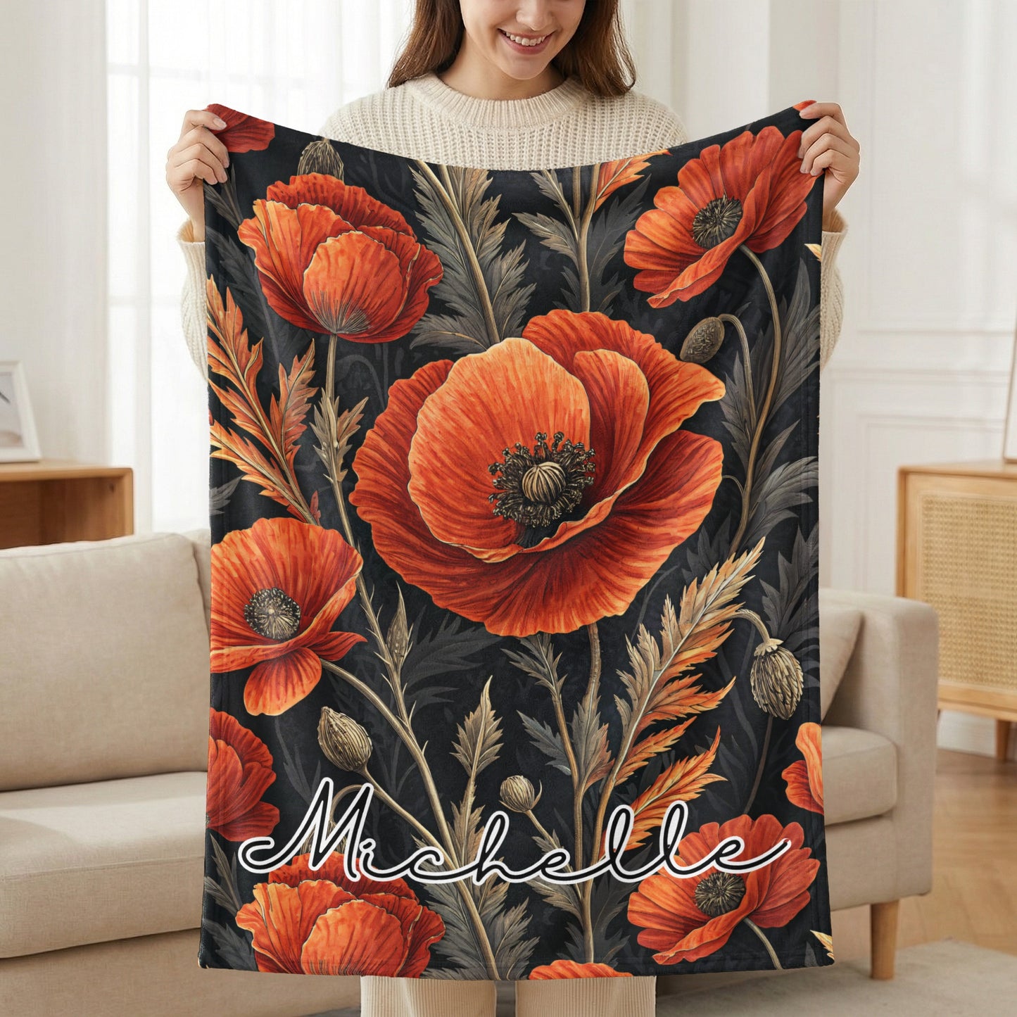 Custom Name Floral Blanket with Poppy Flower Design