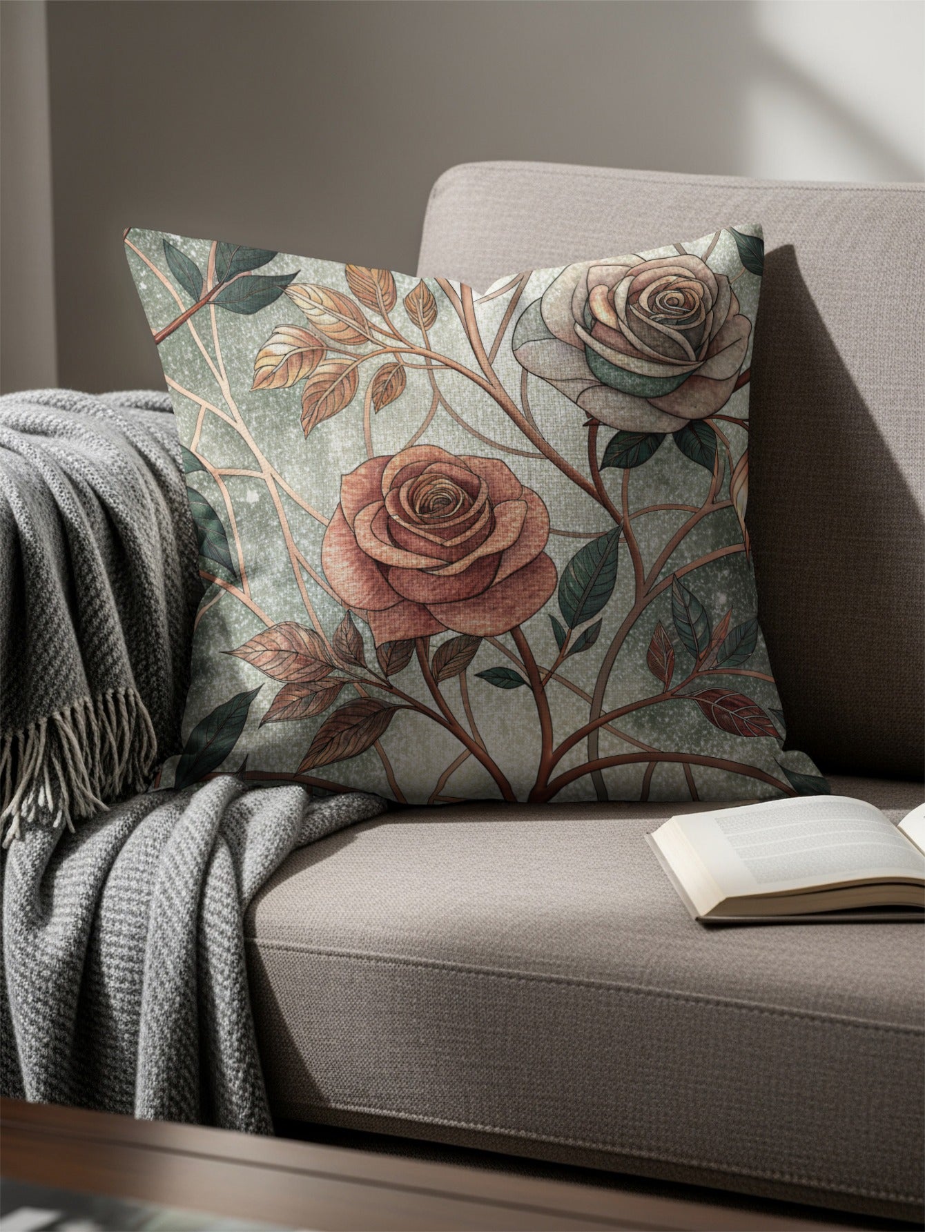 Pink And White Roses With Leaves And Branches Pattern Throw Pillows - Walk Greener