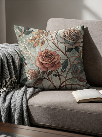 Pink And White Roses With Leaves And Branches Pattern Throw Pillows - Walk Greener