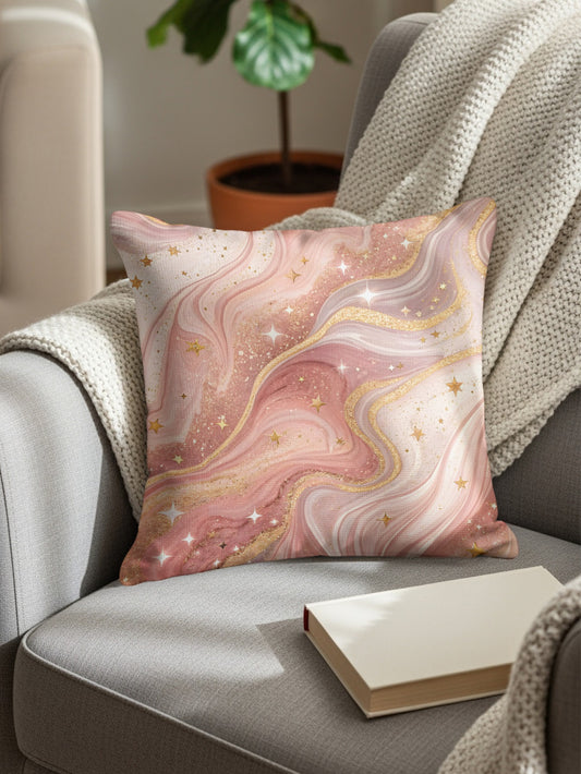 Pink Gold Glitter Swirl Stars Design Pattern Throw Pillows - Walk Greener