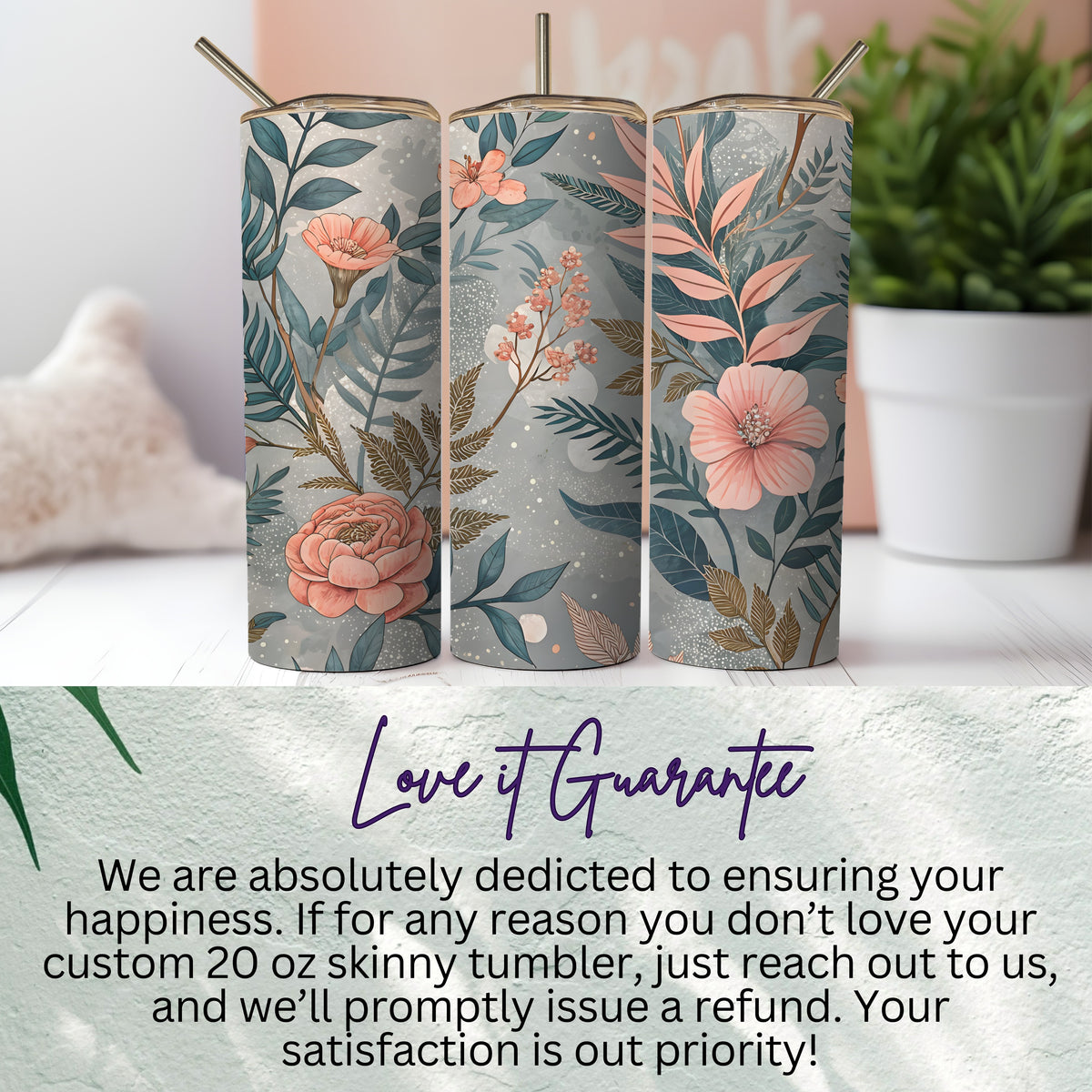 20oz skinny tumbler with straw showing the full 360-degree floral pattern design in peach, pink, and teal on a grey backdrop.