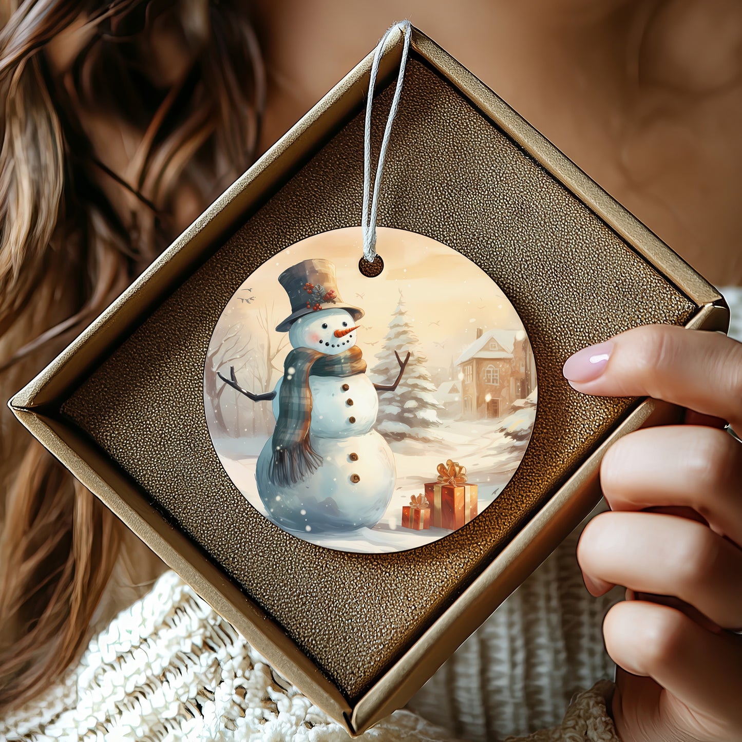 Festive Snowman with Gifts Round Christmas Ornament product type
