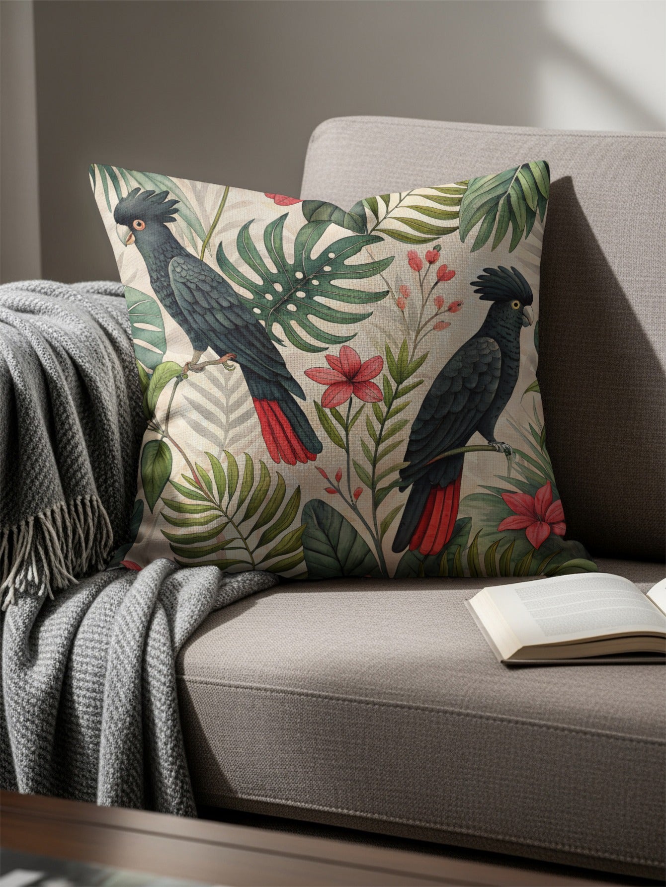 Tropical Parrot and Foliage Theme Throw Pillow