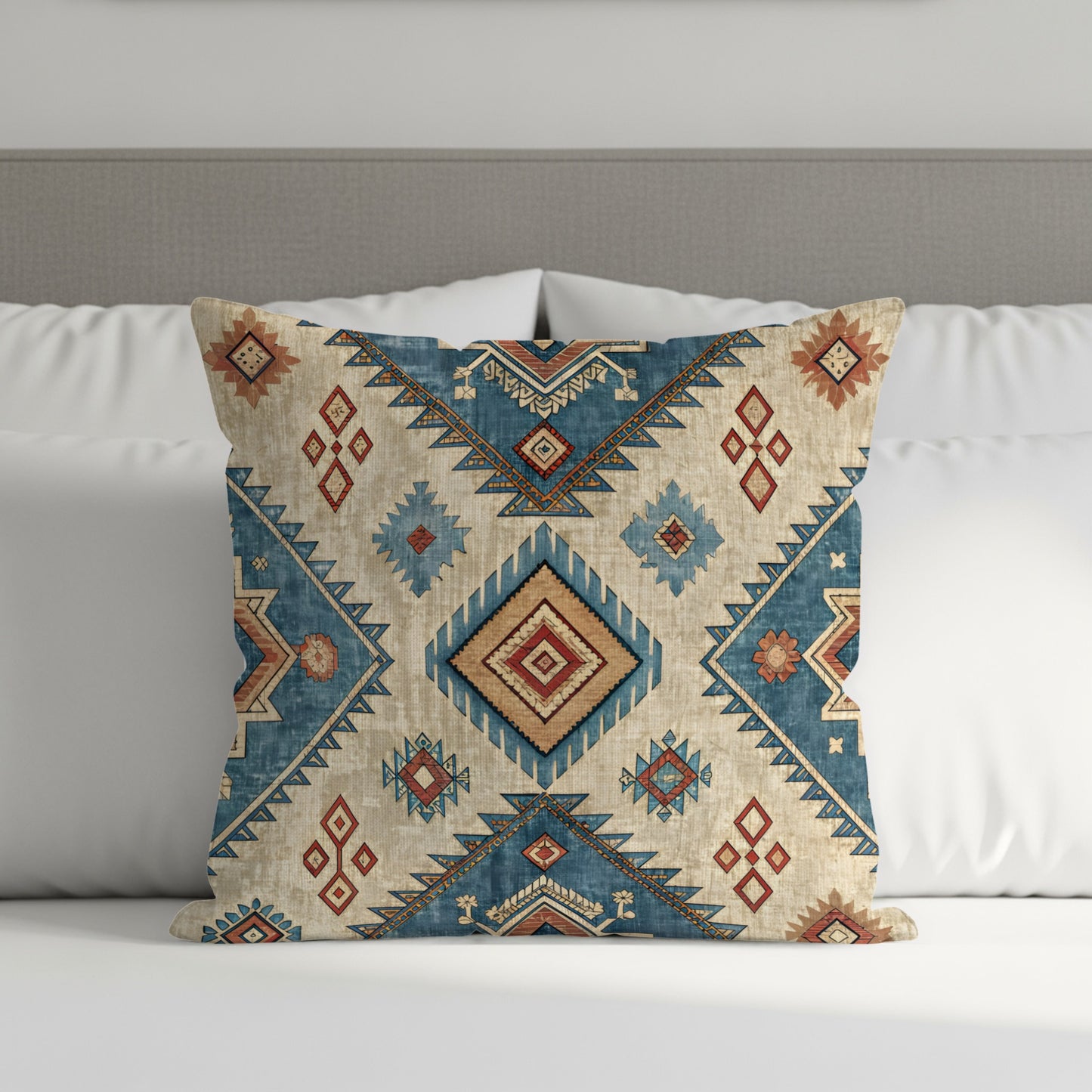 Blue and Beige Southwestern Geometric Pattern Pillow