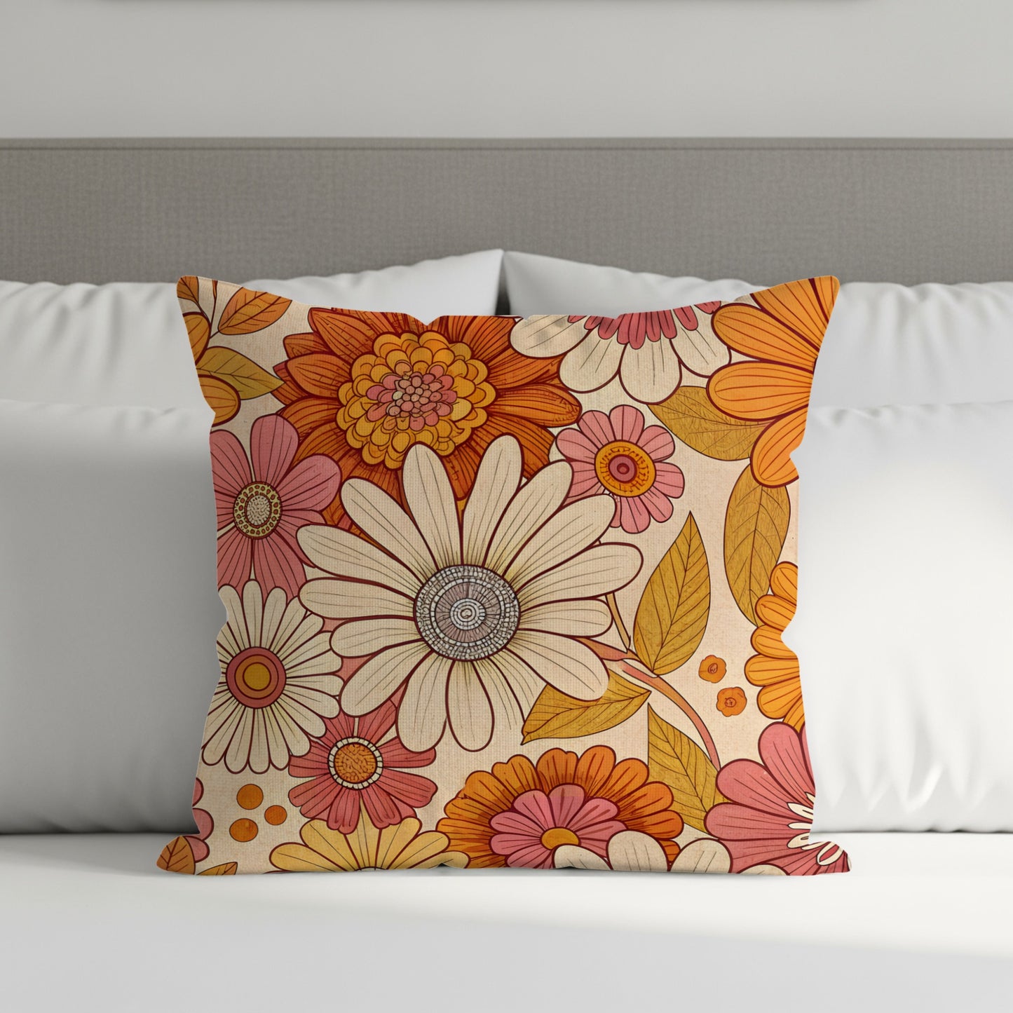 Groovy Floral Pattern in Retro Colors Design Throw Pillows - Walk Greener