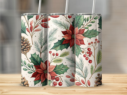 Festive Holiday Floral Pinecone and Berries Tumbler