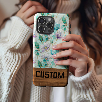 Floral Design Custom Phone Case with Wood Accent