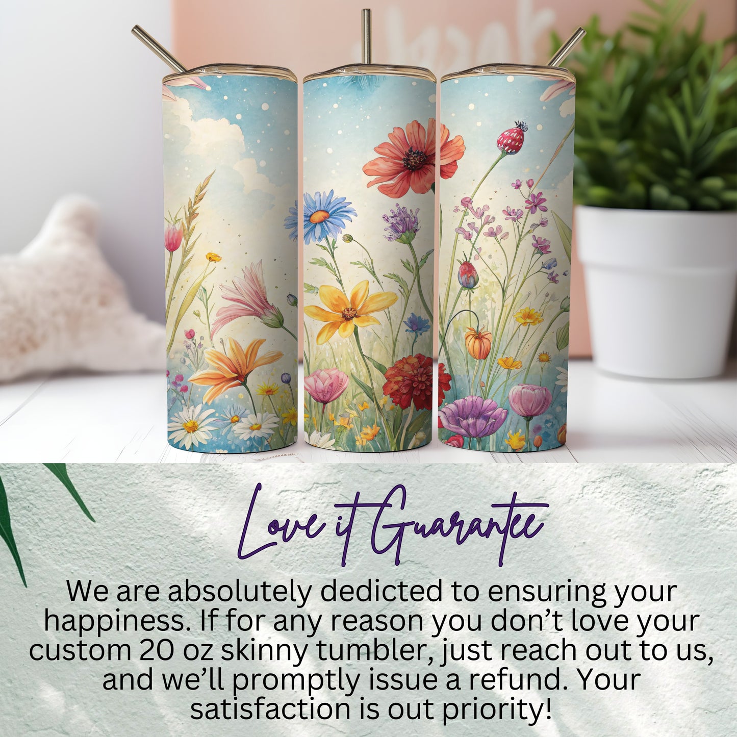 Watercolor Floral Field Design Perfect for 20 oz Skinny Tumbler - Walk Greener
