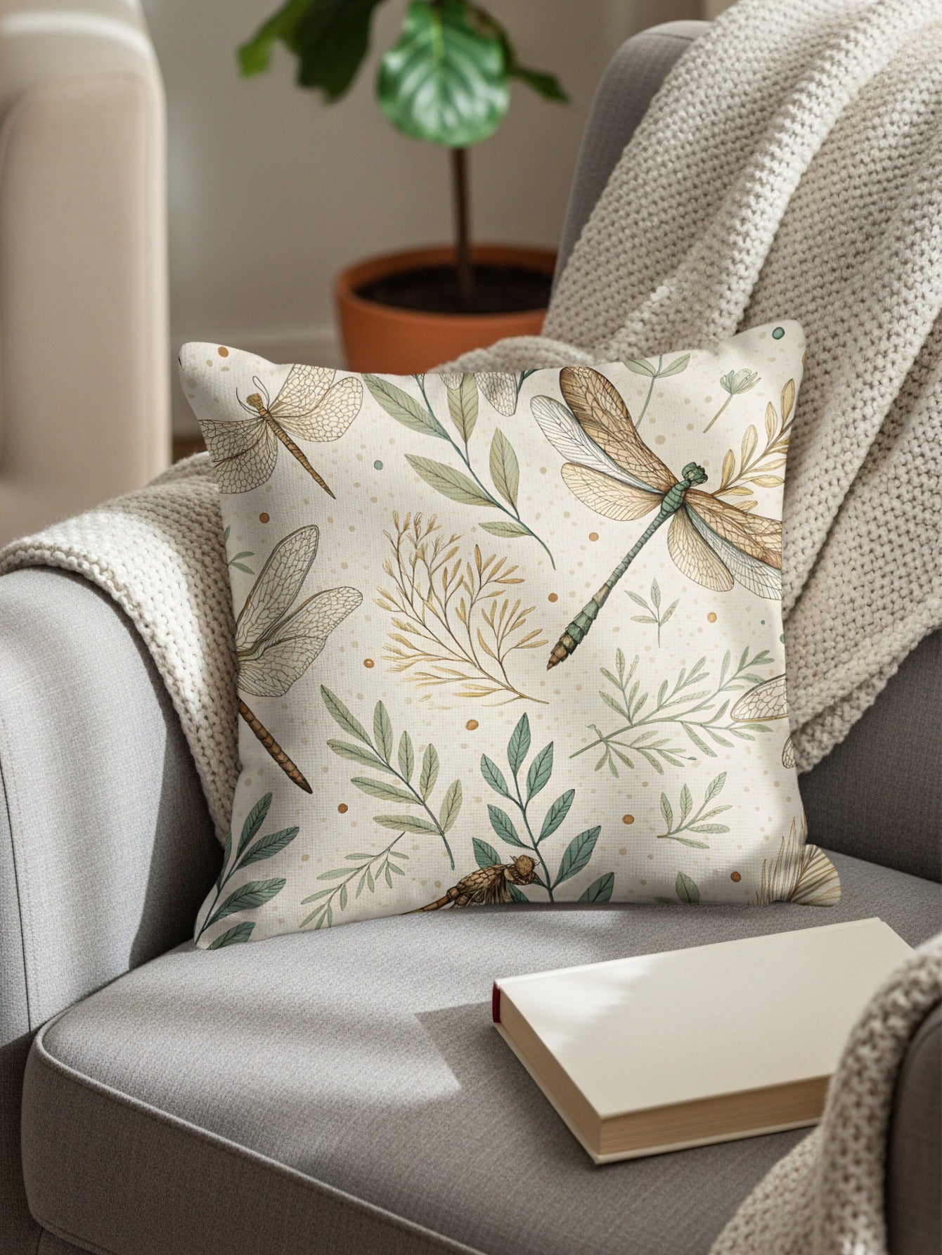 Dragonfly and Leaves Decorative Cushion for Cozy Home Decor