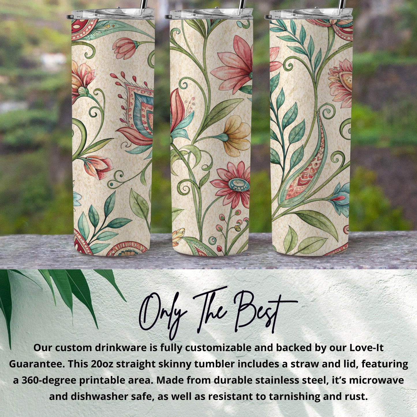 Elegant Floral Pattern Watercolor Look for 20 oz Skinny Tumbler - Walk Greener
