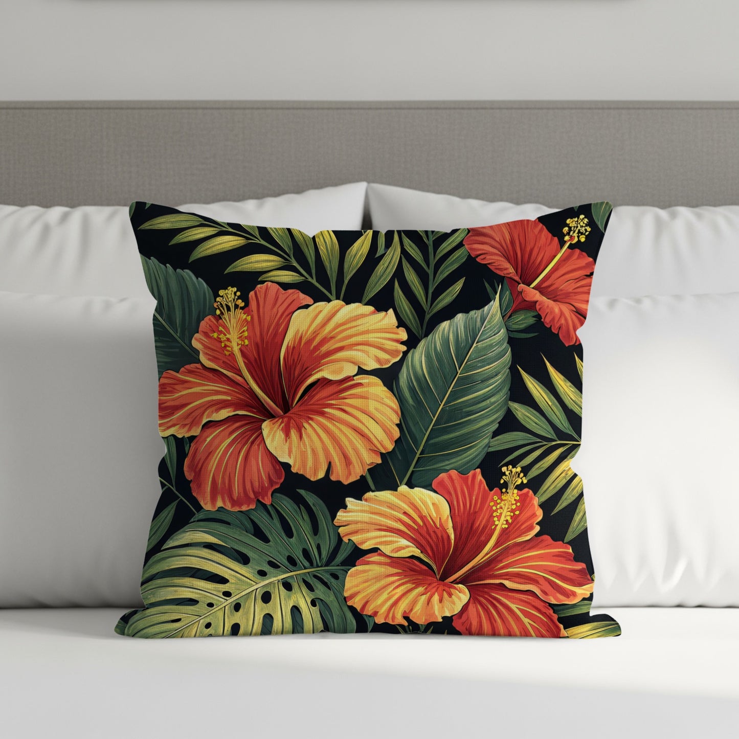 Tropical Hibiscus with Green Leaves Decorative Floral Throw Pillows - Walk Greener