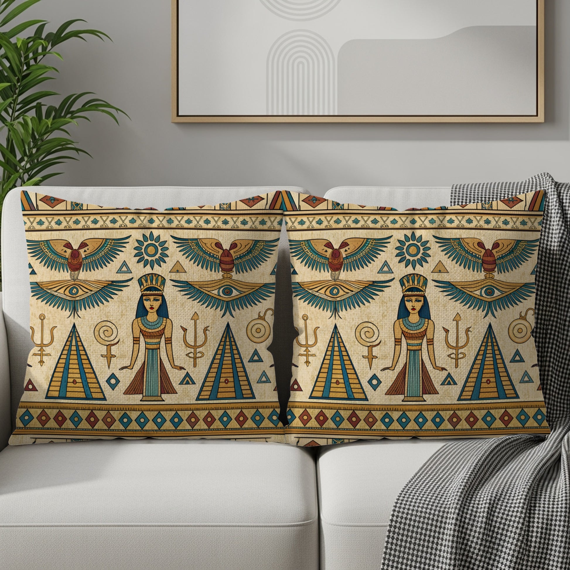 Egyptian Ancient Style Figures Symbols Teal Gold Pillows & Pillow Cases - Walk Greener