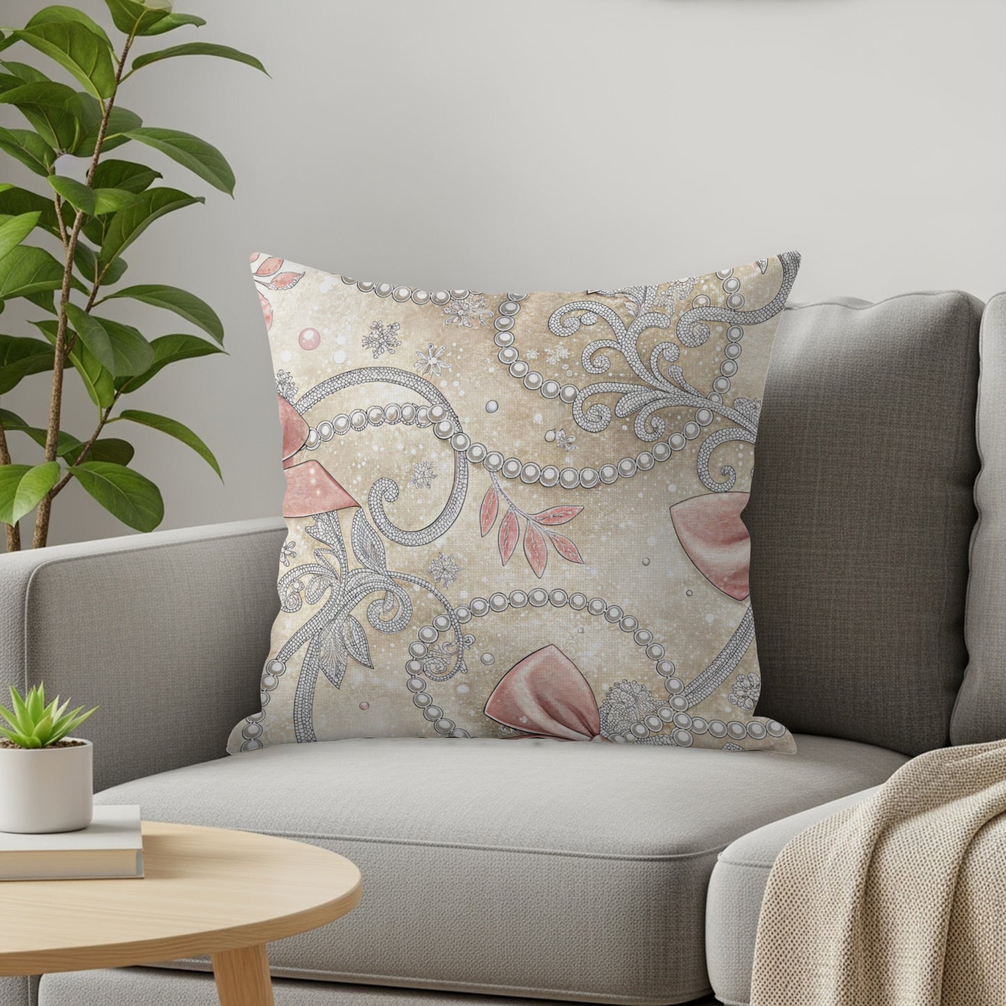 Pink Bows and Pearls Floral Swirls Pattern Design Pillows & Pillow Cases - Walk Greener