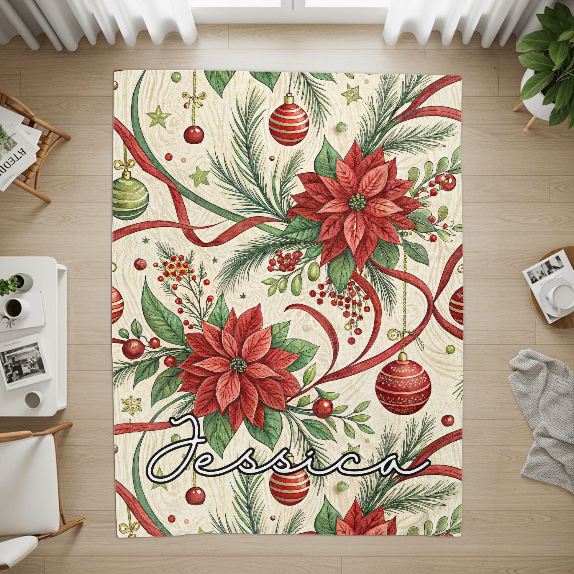 Festive Christmas Poinsettia Personalized Jessica Rug