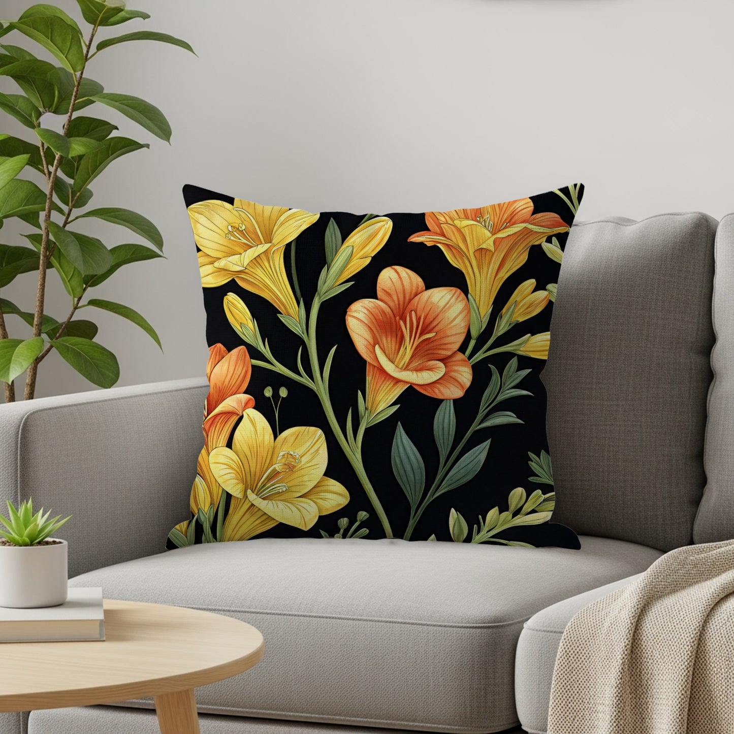 Yellow And Orange Floral Pattern On Dark Backdrop Decorative Floral Throw Pillows - Walk Greener