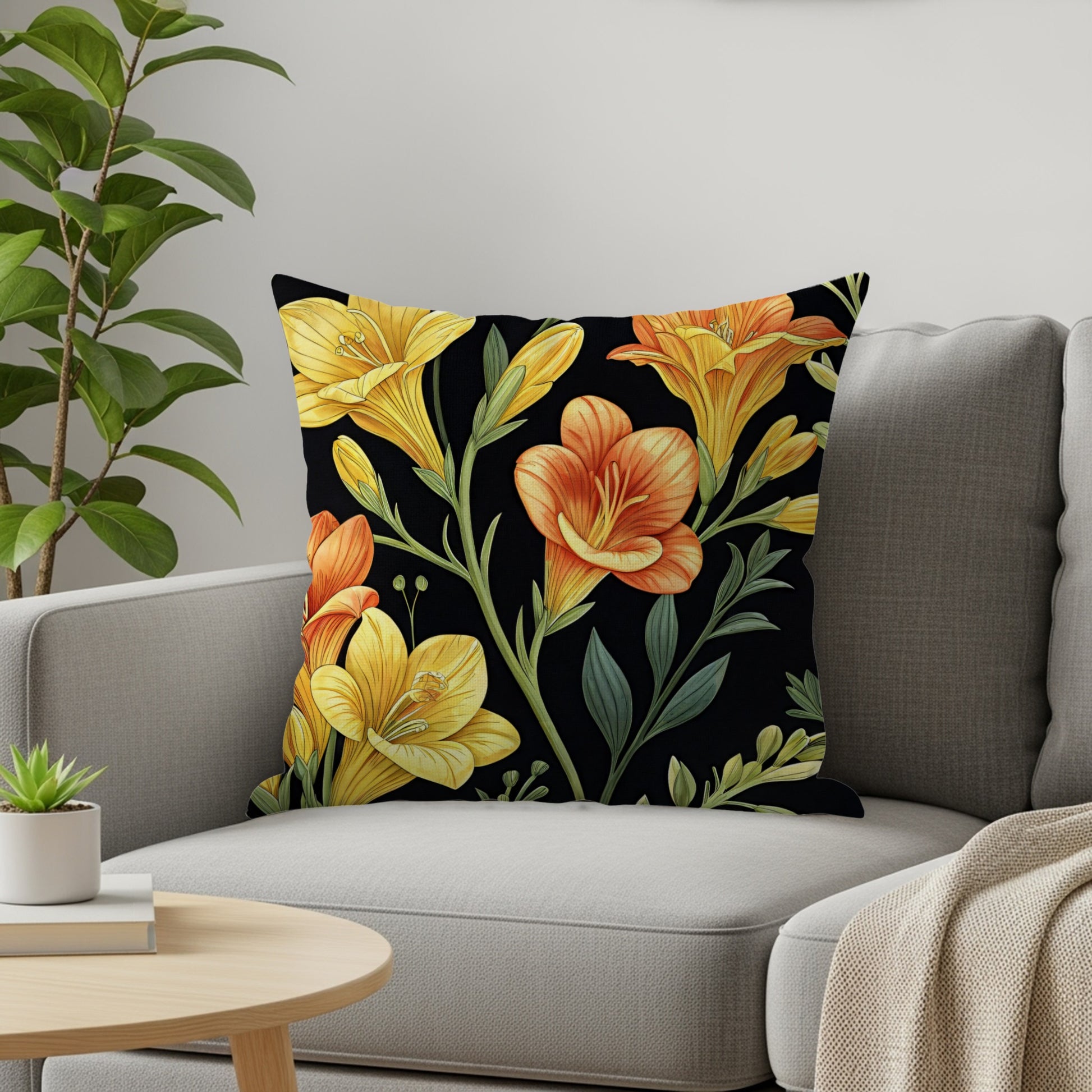 Yellow And Orange Floral Pattern On Dark Backdrop Decorative Floral Throw Pillows - Walk Greener