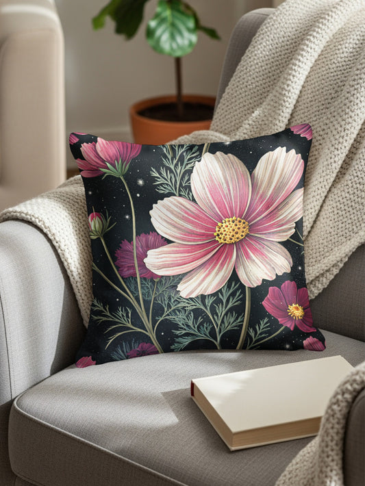 Cosmos Floral Pattern Pink White on Dark Backdrop Decorative Floral Throw Pillows - Walk Greener