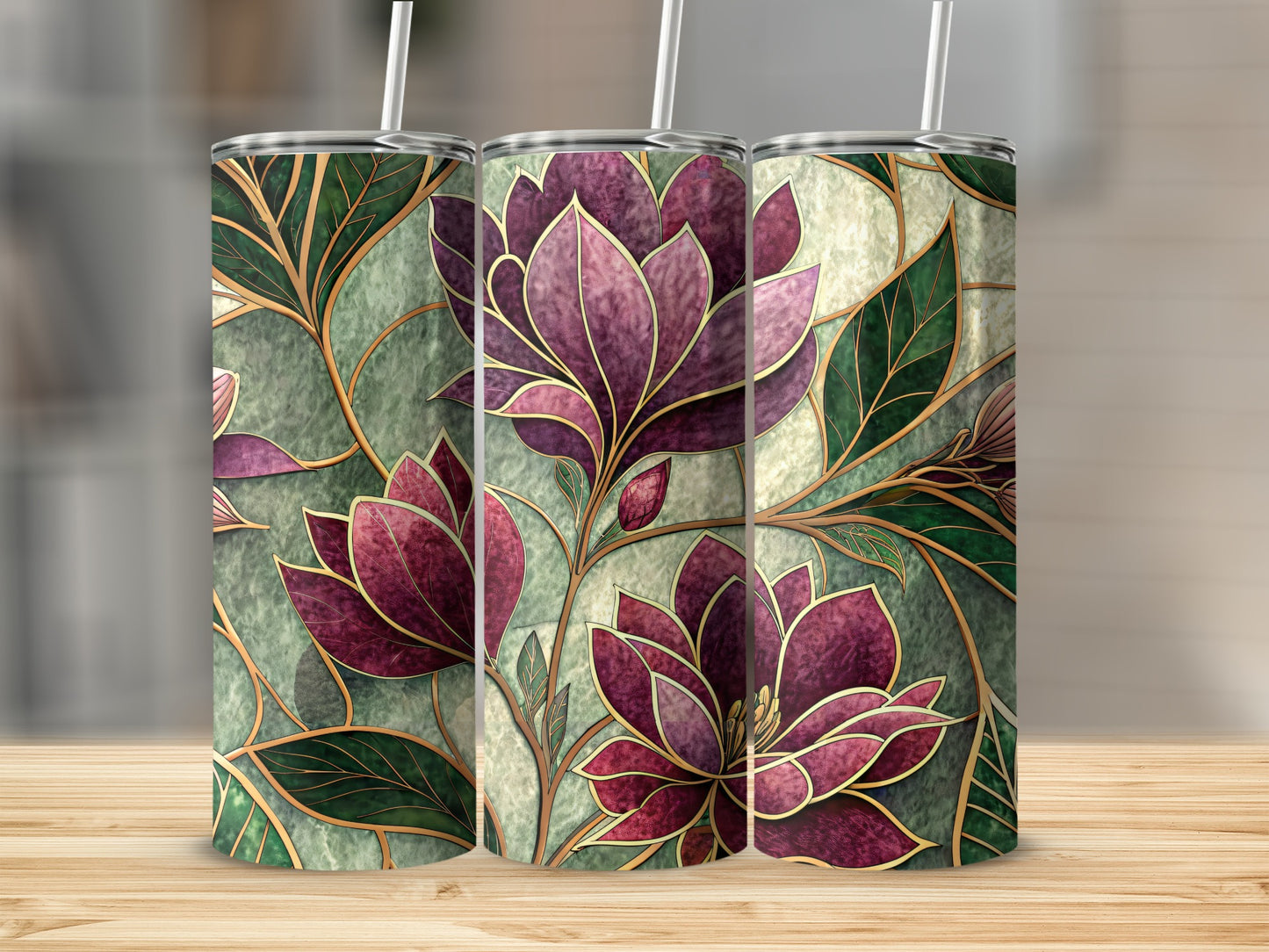 Magnolia Flowers in Watercolor Style Green Backdrop 20 oz Skinny Tumbler - Walk Greener