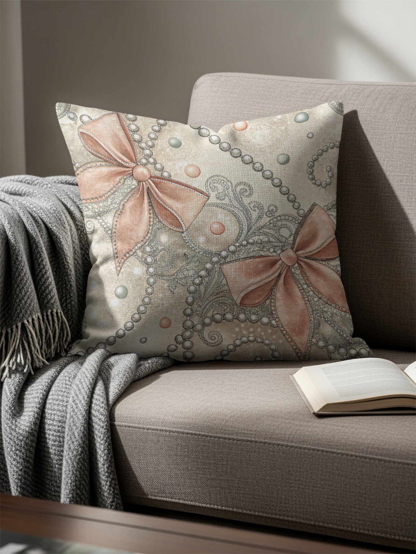 Pastel Bows Beads and Ornate Swirls Pattern Pillows & Pillow Cases - Walk Greener