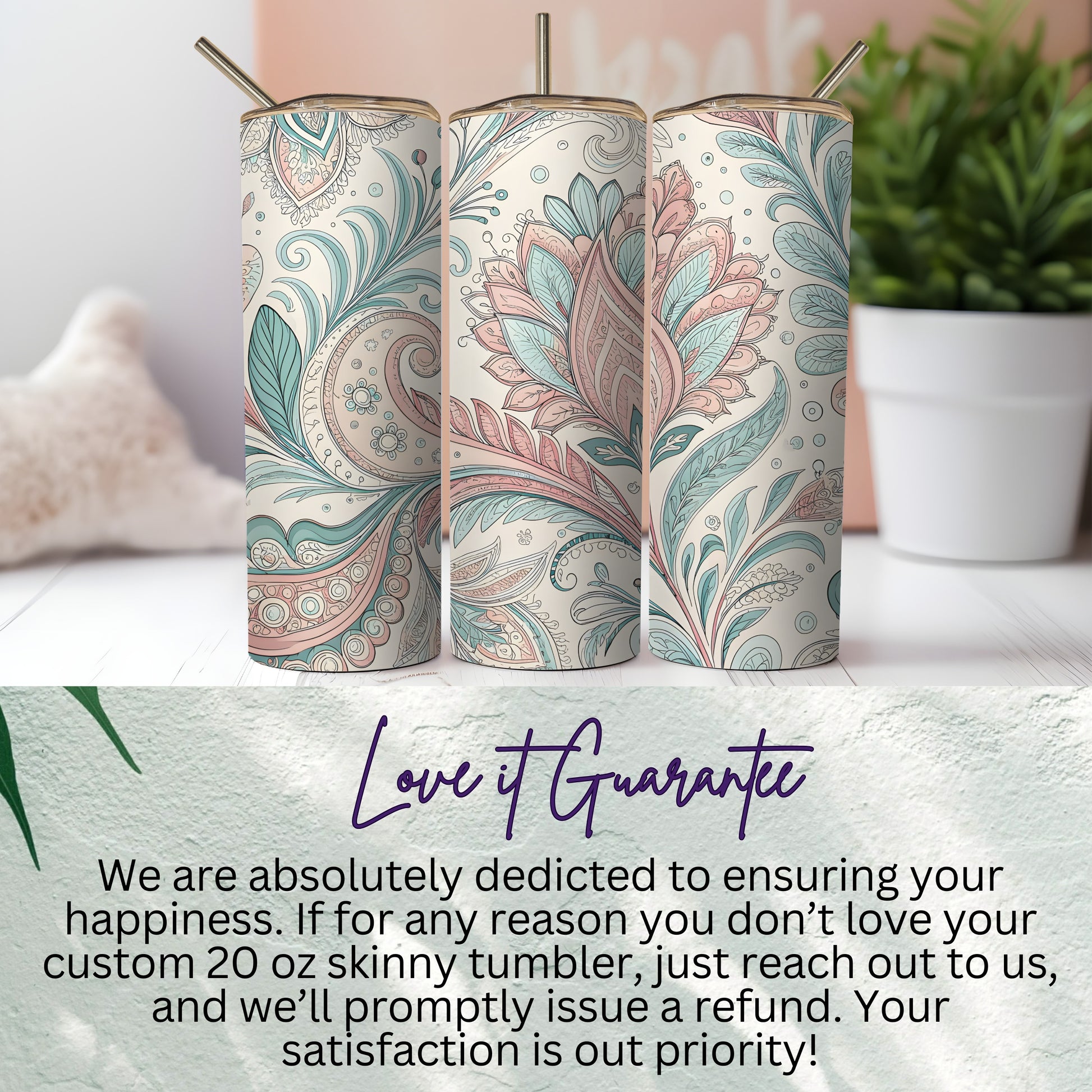 Custom 20 oz skinny tumbler with floral design