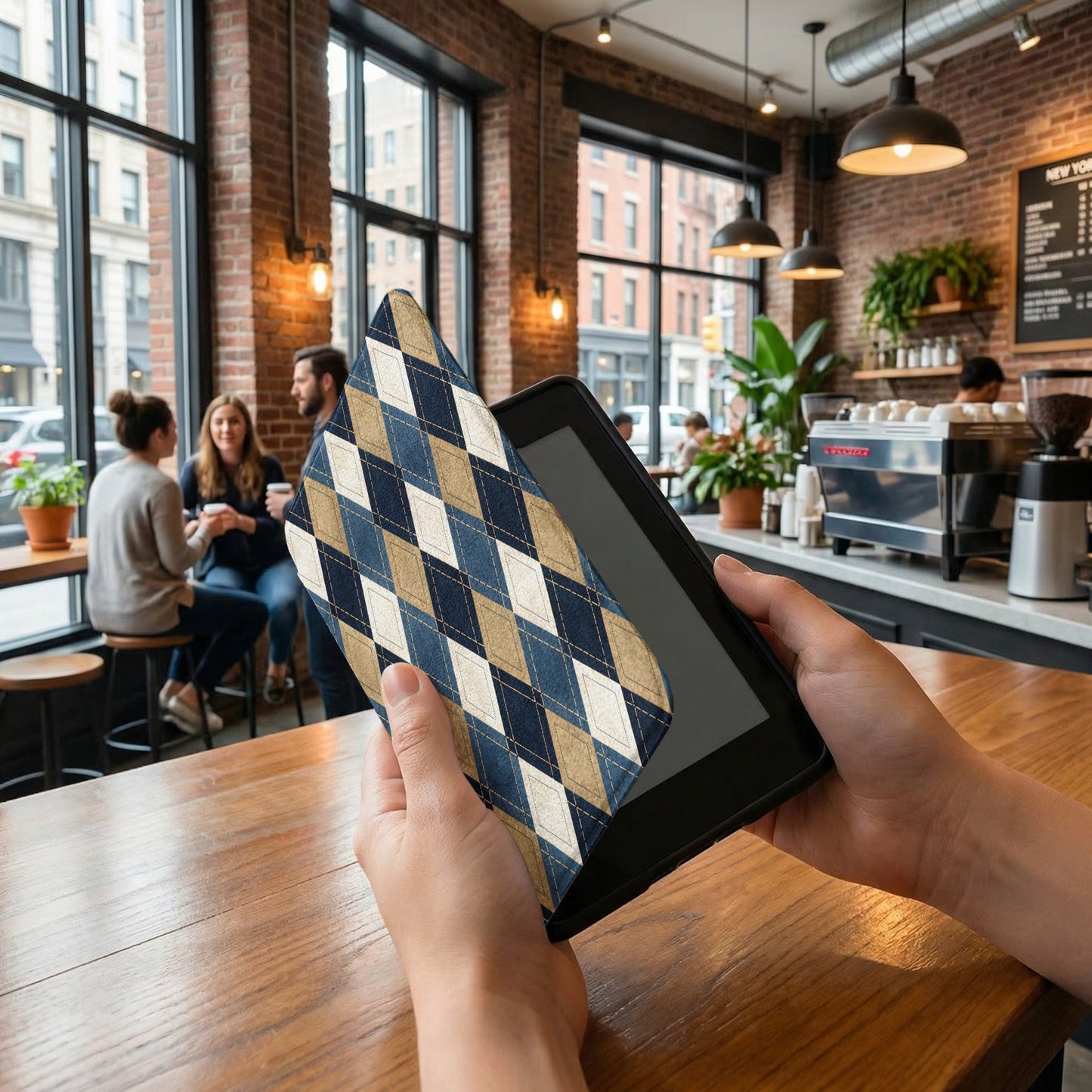 Stylish Argyle Patterned Tablet Cover for Cafe Use