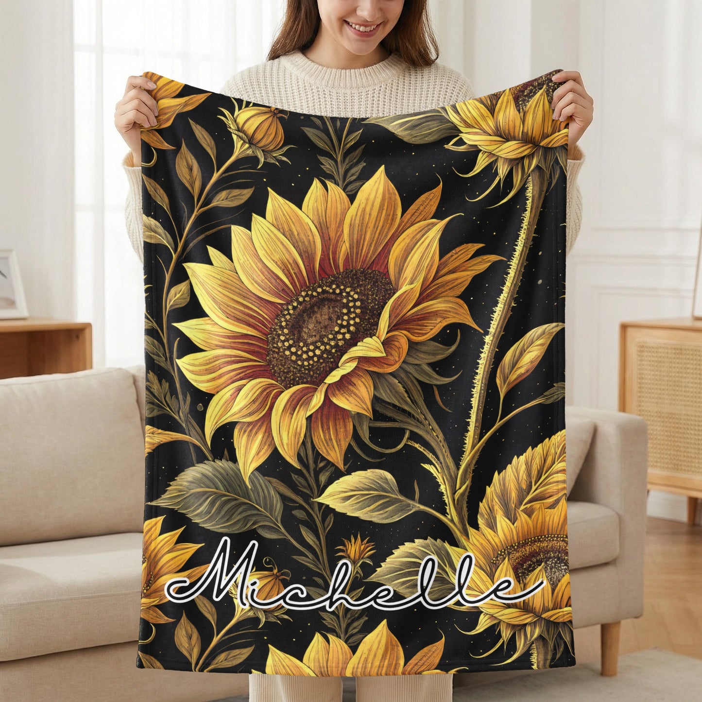 Sunflower Delight with Custom Name Unique Blankets - Walk Greener