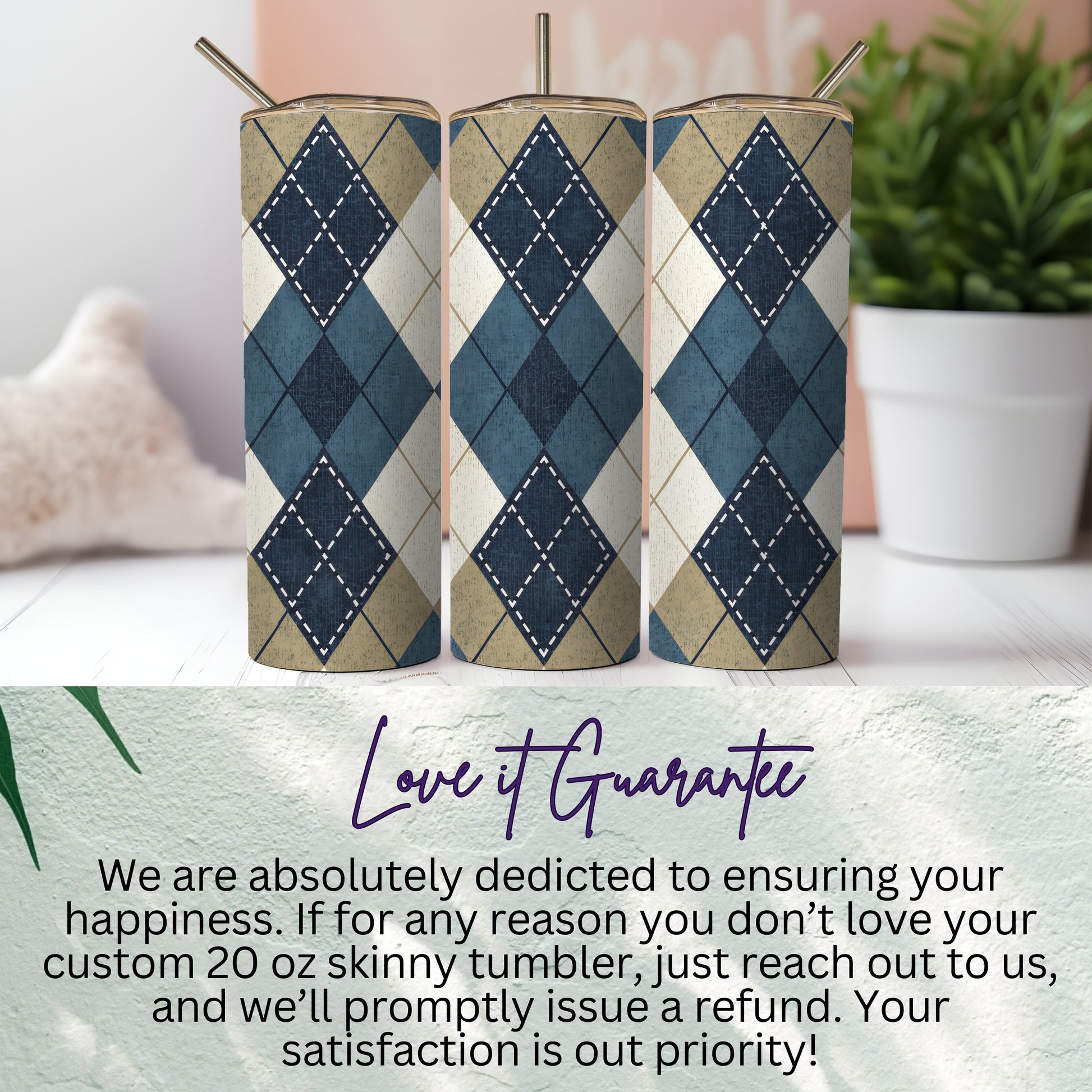 Blue Beige and White Argyle Plaid Patterned Design Tumbler - Walk Greener