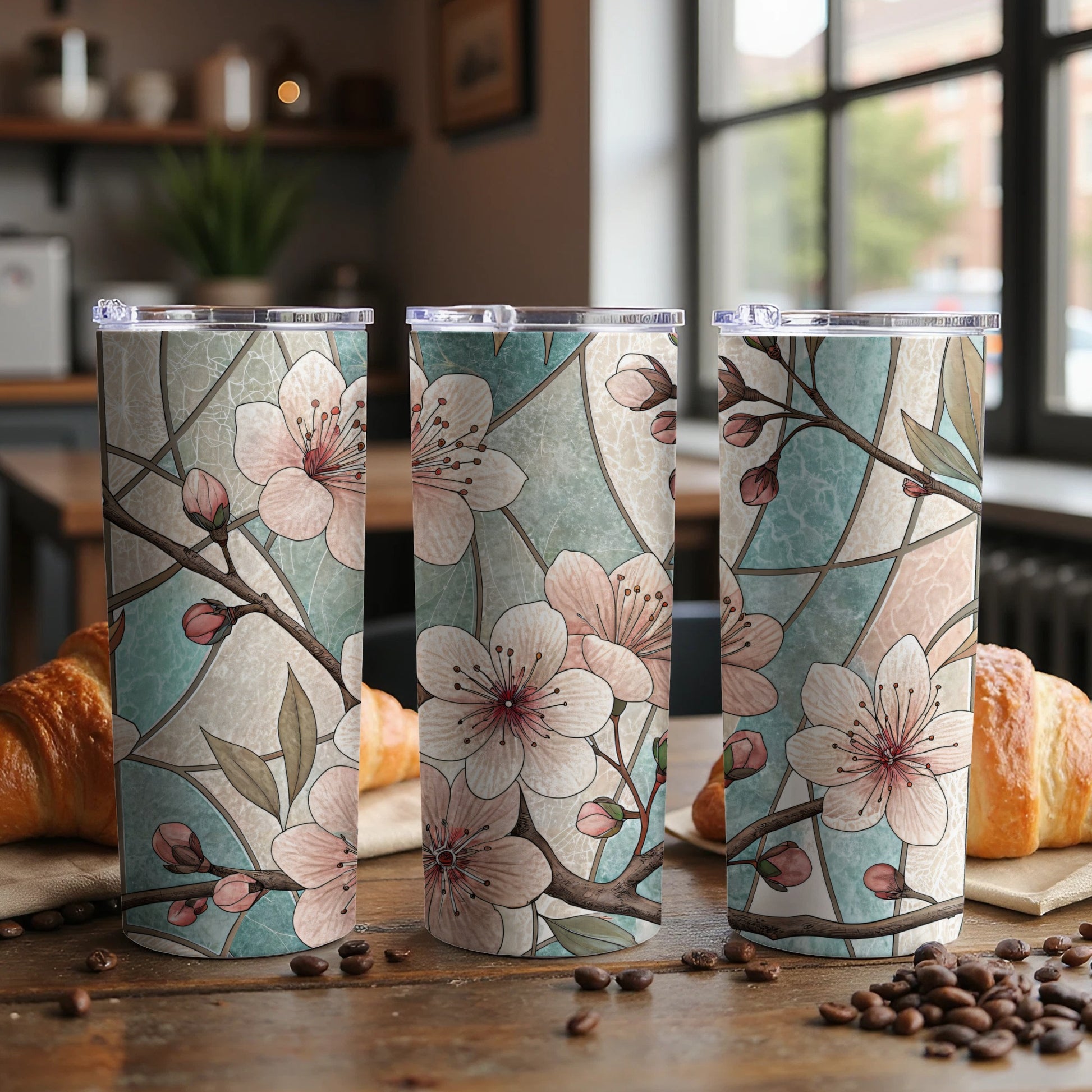Stained Glass Cherry Blossoms Art Design 20 oz Skinny Tumbler - Walk Greener