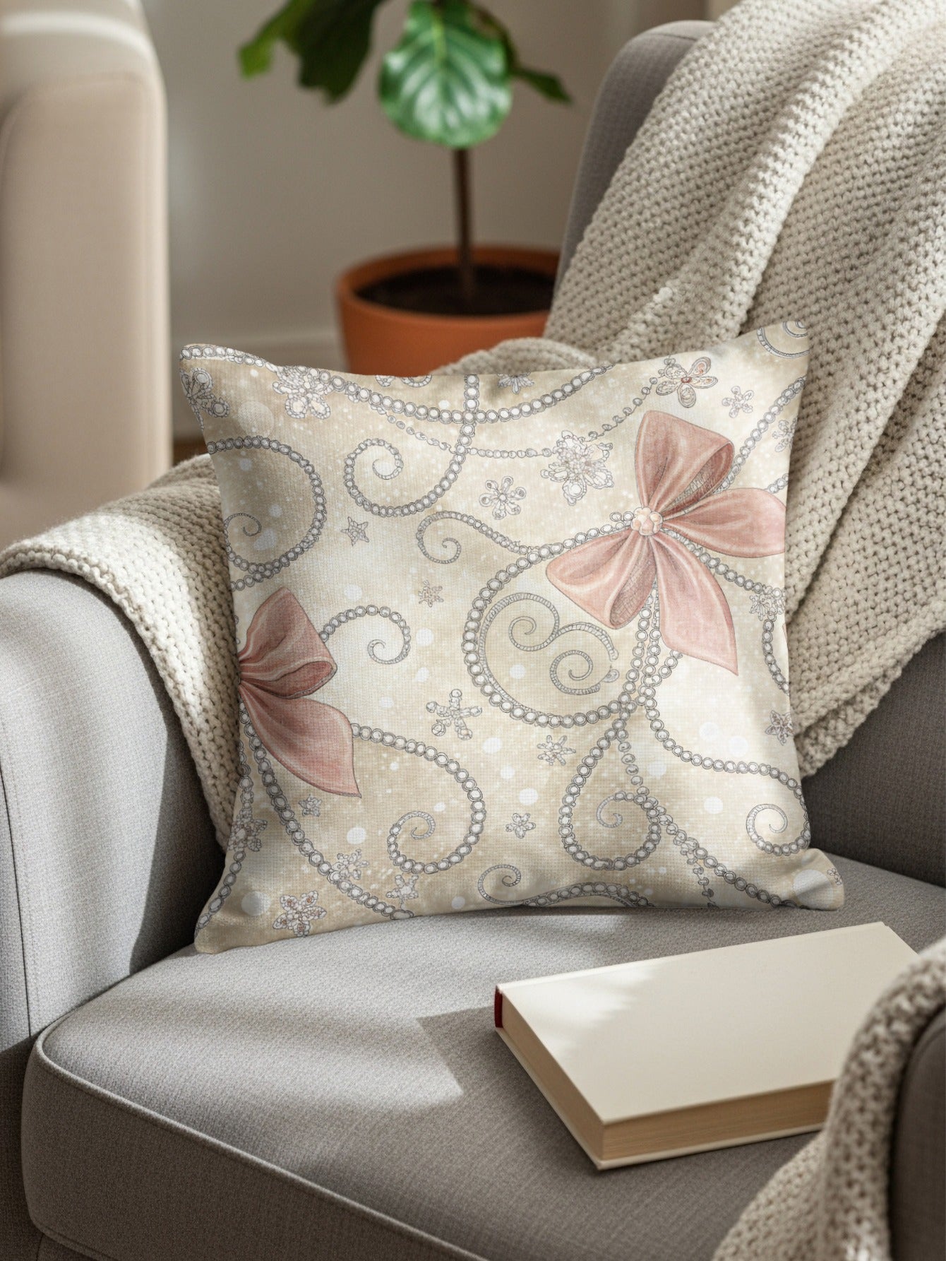 Bows and Pearls on Beige Patterned Background Pillows & Pillow Cases - Walk Greener