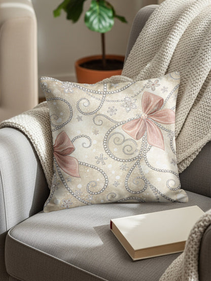 Bows and Pearls on Beige Patterned Background Pillows & Pillow Cases - Walk Greener