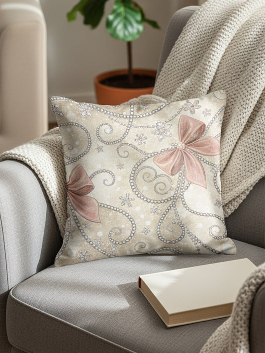 Bows and Pearls on Beige Patterned Background Pillows & Pillow Cases - Walk Greener