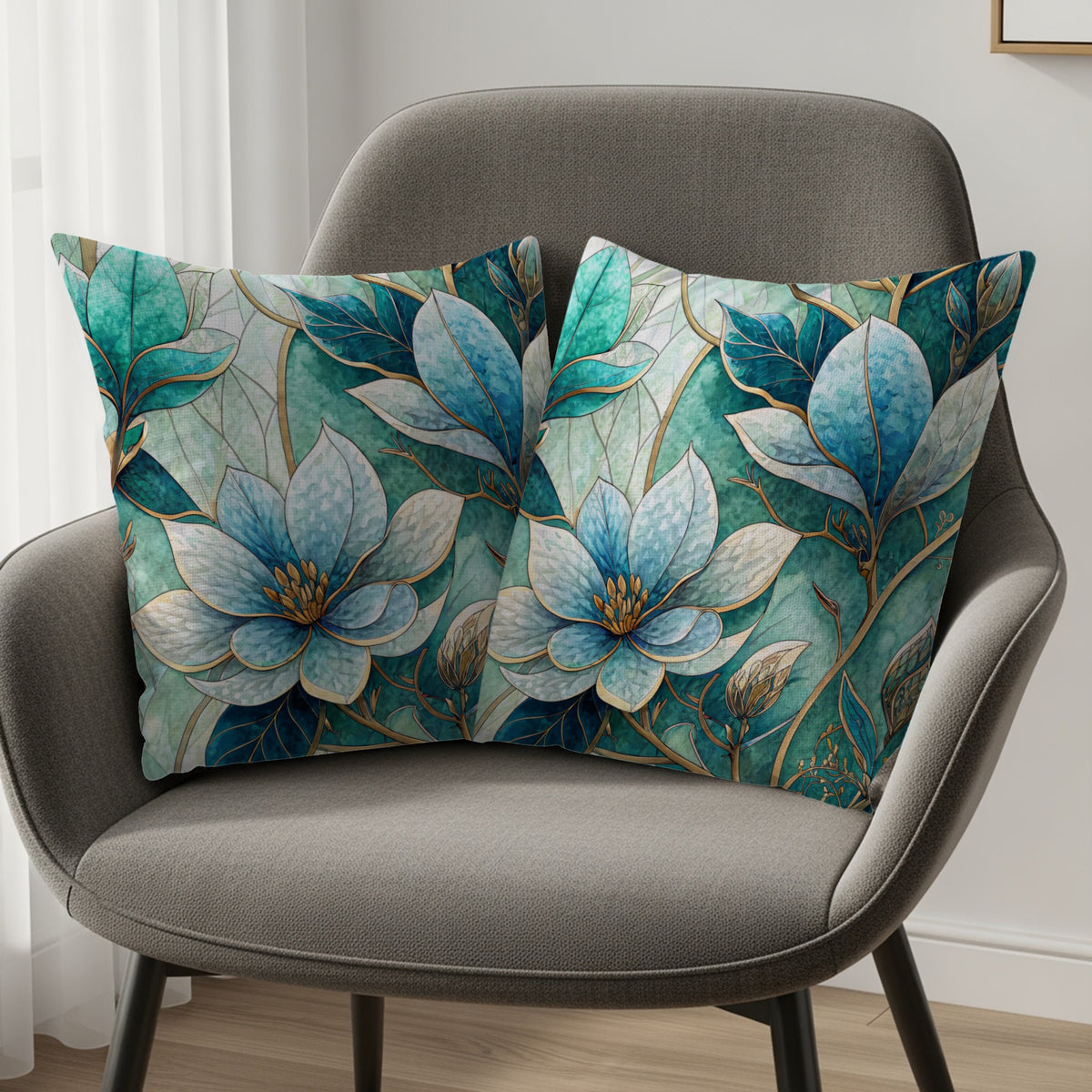 Floral Fantasy in Blue Green Artistic Style Throw Pillows - Walk Greener