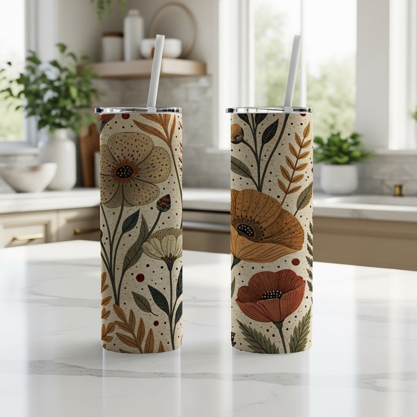 Elegant Floral Pattern with Earthy Tones 20 oz Skinny Tumbler - Walk Greener