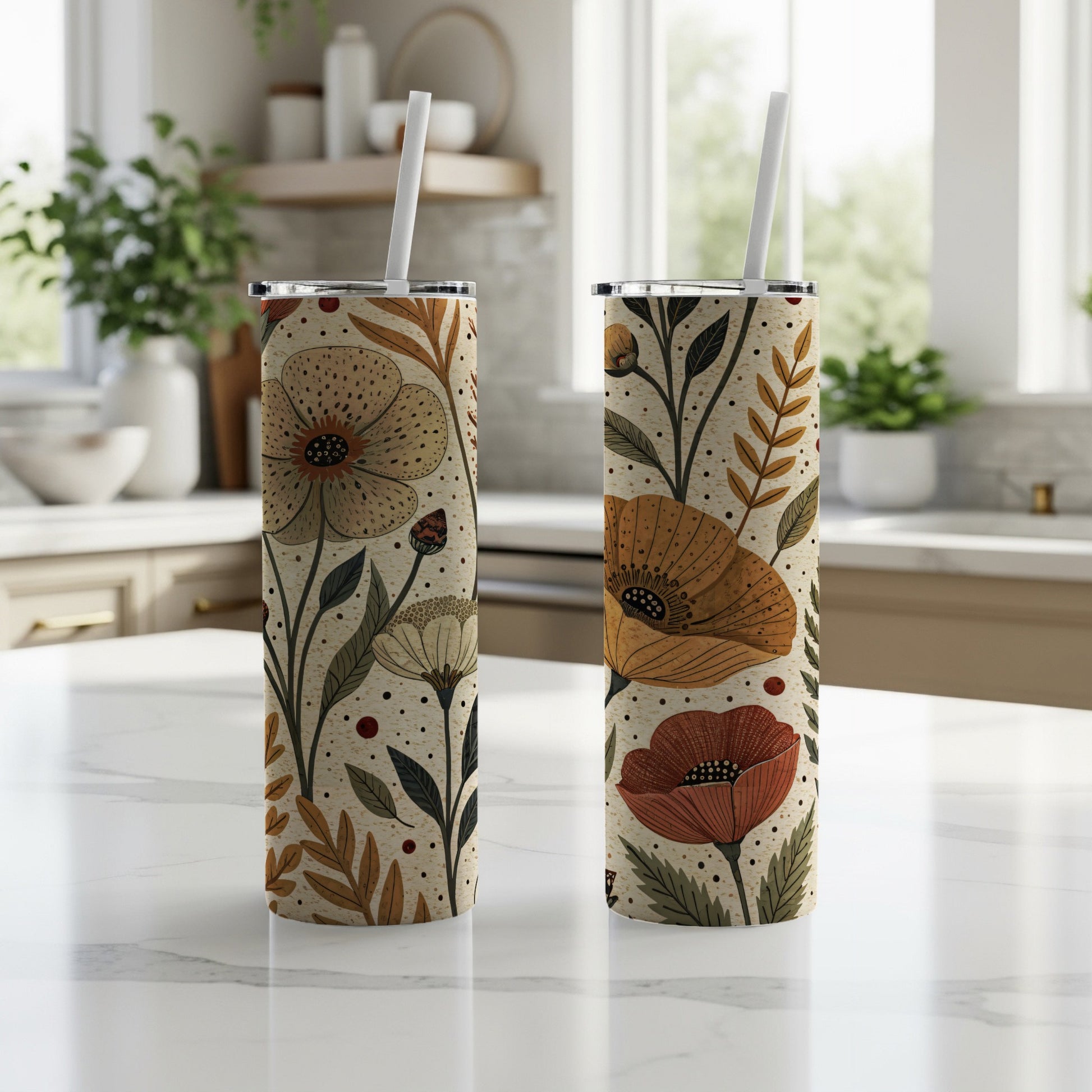 Elegant Floral Pattern with Earthy Tones 20 oz Skinny Tumbler - Walk Greener