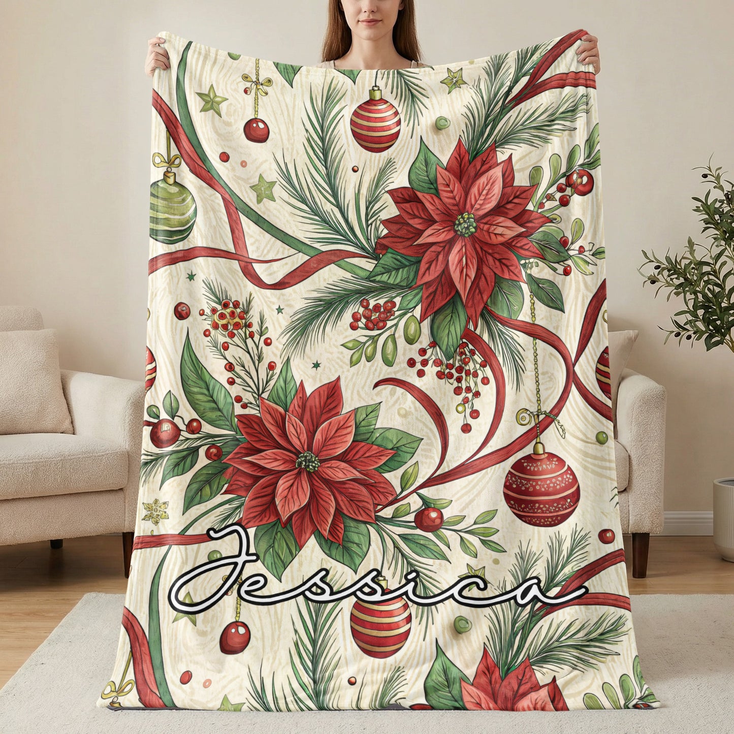 Personalized Christmas Floral Blanket with Name Jessica