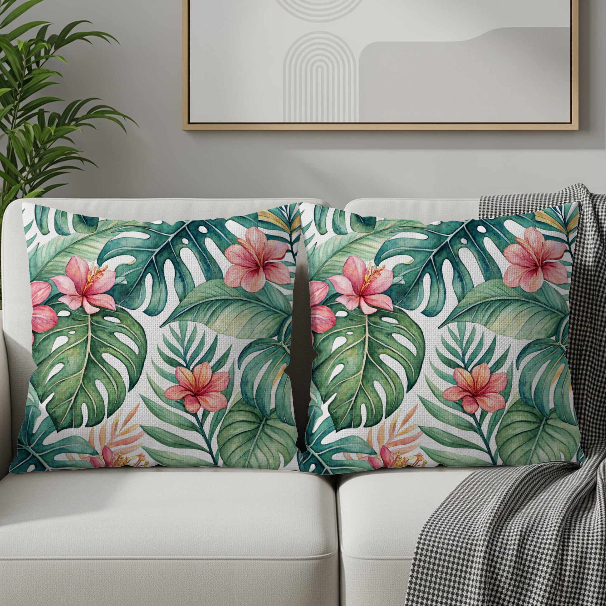 Tropical Paradise Green Leaves with Pink Flowers Pillows & Pillow Cases - Walk Greener