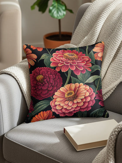 Bold Blooming Zinnias on Black Decorative Floral Throw Pillows - Walk Greener