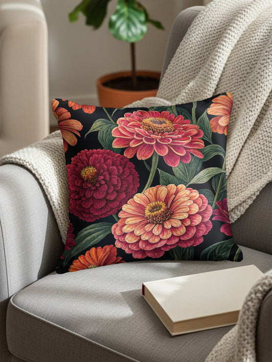 Bold Blooming Zinnias on Black Decorative Floral Throw Pillows - Walk Greener