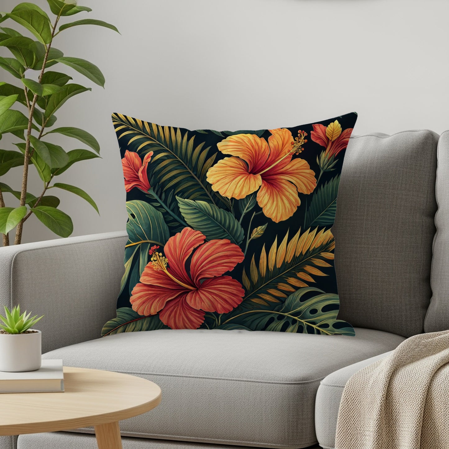 Tropical Hibiscus Floral Leaves Print Decorative Floral Throw Pillows - Walk Greener