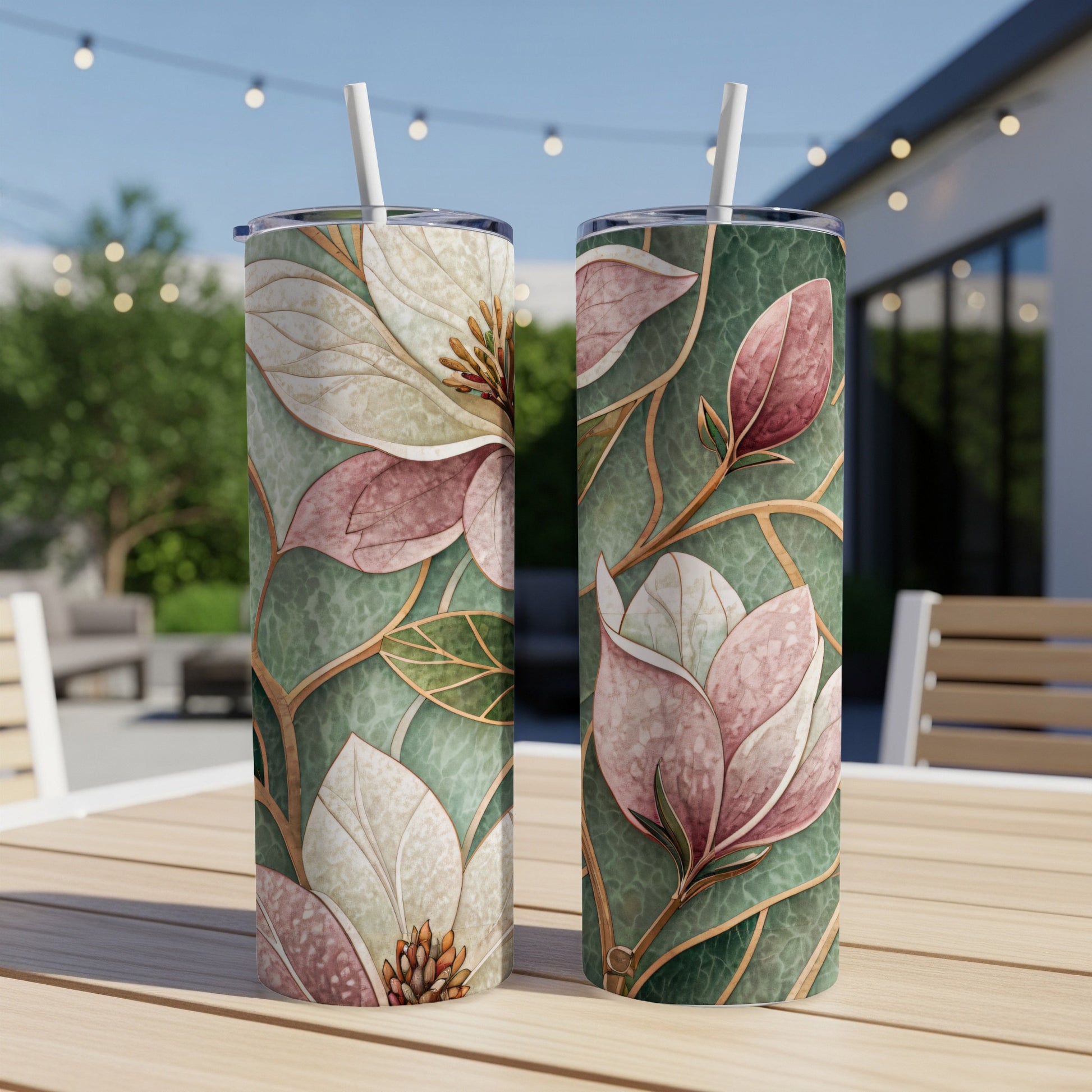 Magnolia Flowers Art Deco Style Watercolor Floral Design 20 oz Skinny Tumbler - Walk Greener