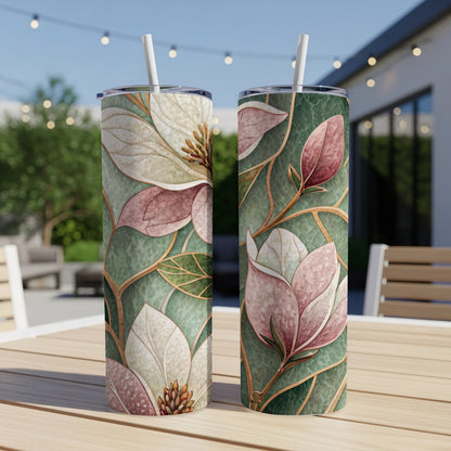 Magnolia Flowers Art Deco Style Watercolor Floral Design 20 oz Skinny Tumbler - Walk Greener