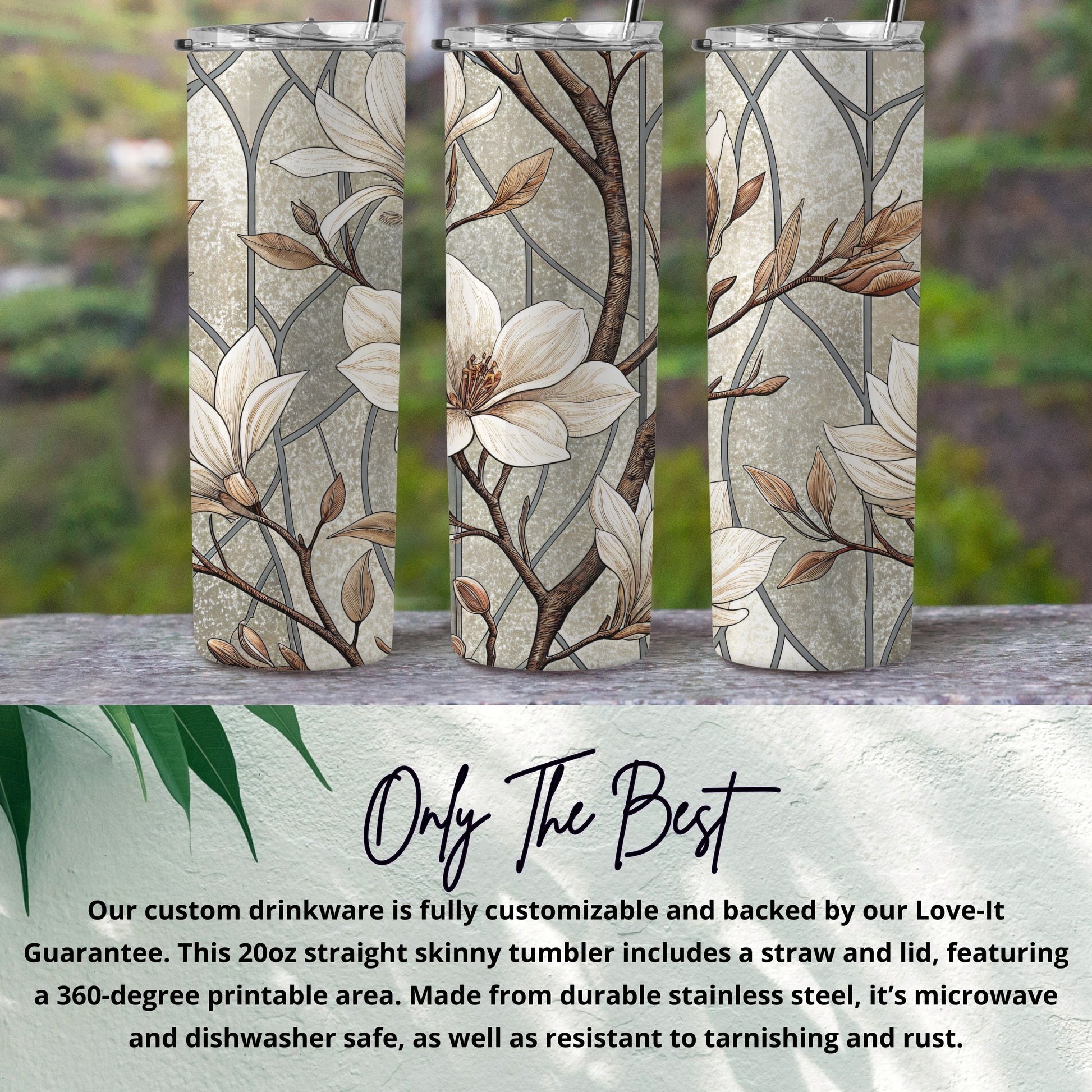 Magnolia Floral Design on Mosaic Background 20 oz Skinny Tumbler - Walk Greener