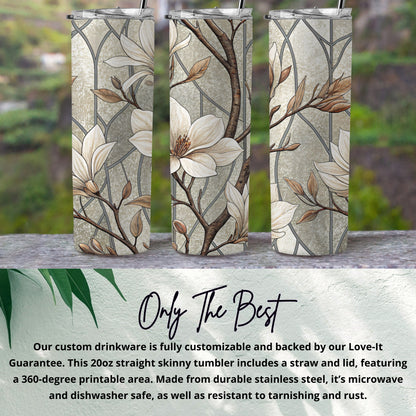 Magnolia Floral Design on Mosaic Background 20 oz Skinny Tumbler - Walk Greener