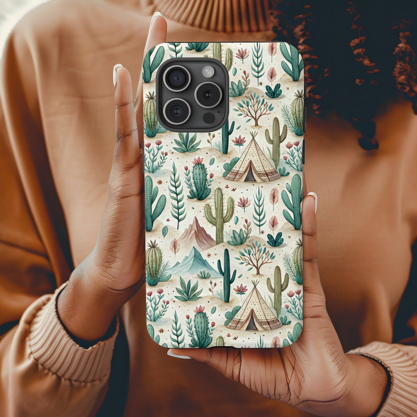 Desert Scene With Cacti Mountains and Tent Custom Phone Case - Walk Greener