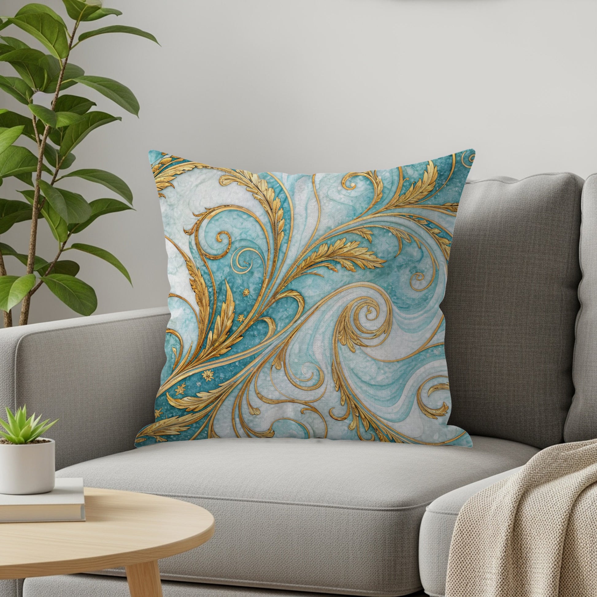 Elegant Blue Gold Swirl Pattern Decorative Pillow