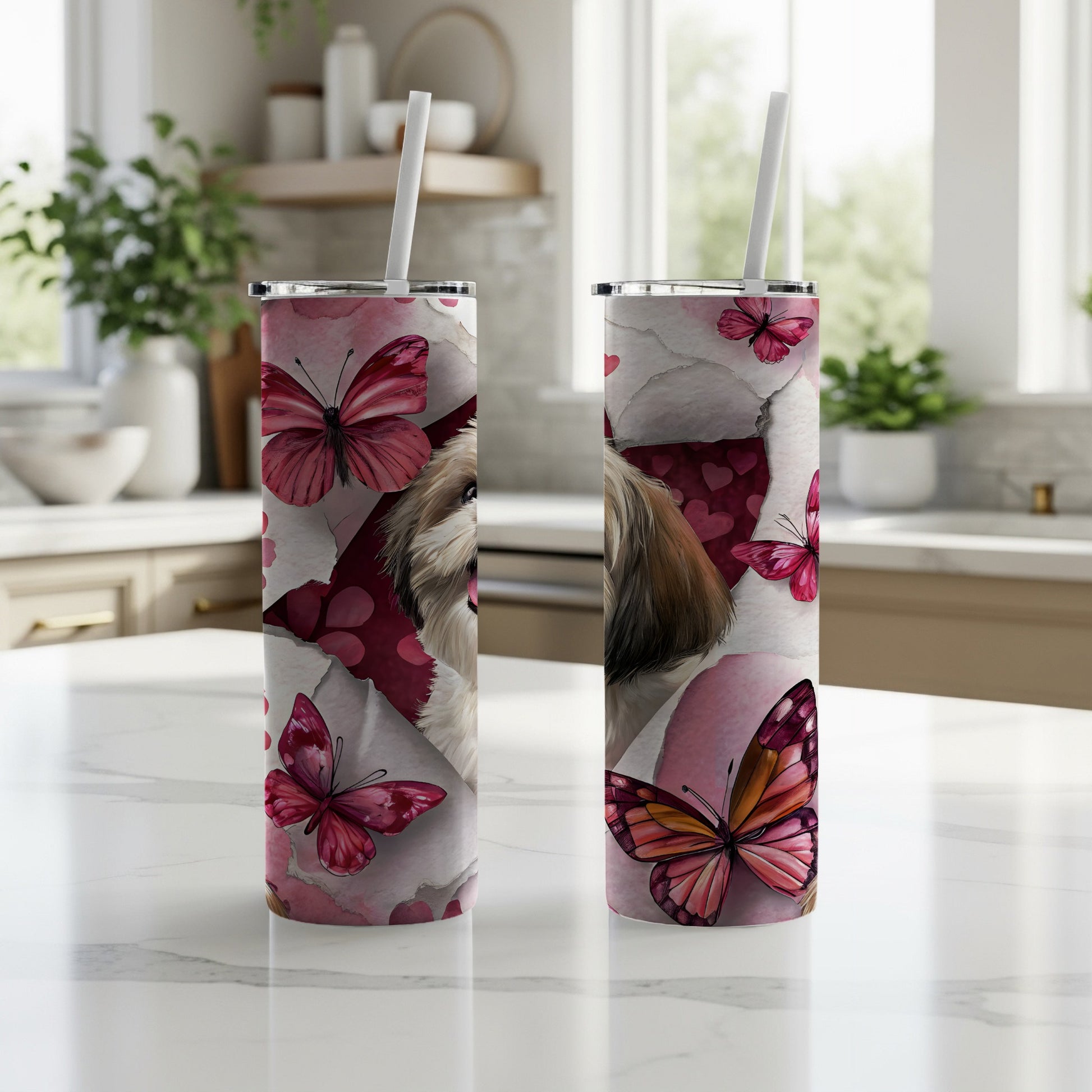 Cute Dog and Pink Butterflies Tumbler Design