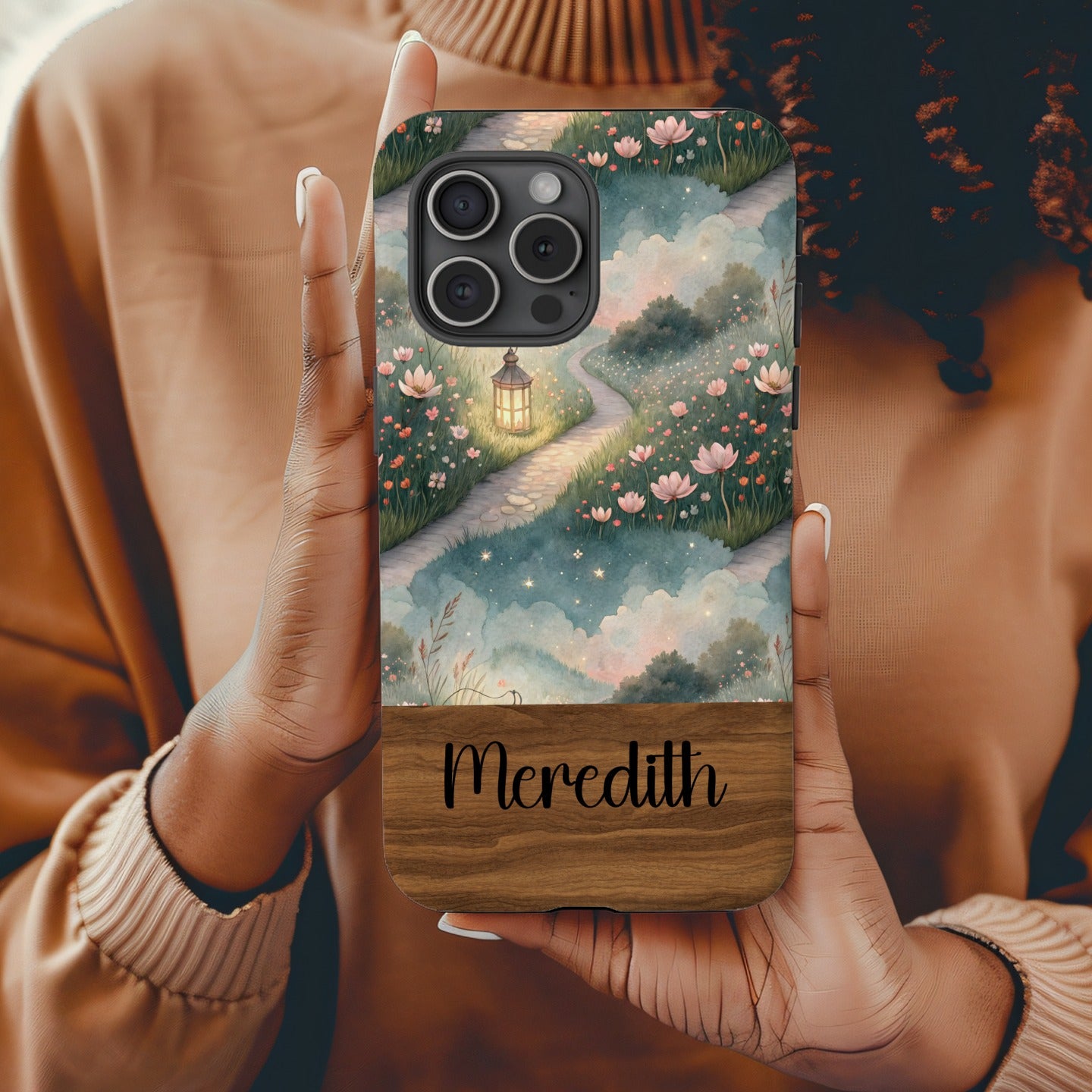 Floral Pathway Lamp Post Scenery with Custom Name Custom Phone Case - Walk Greener